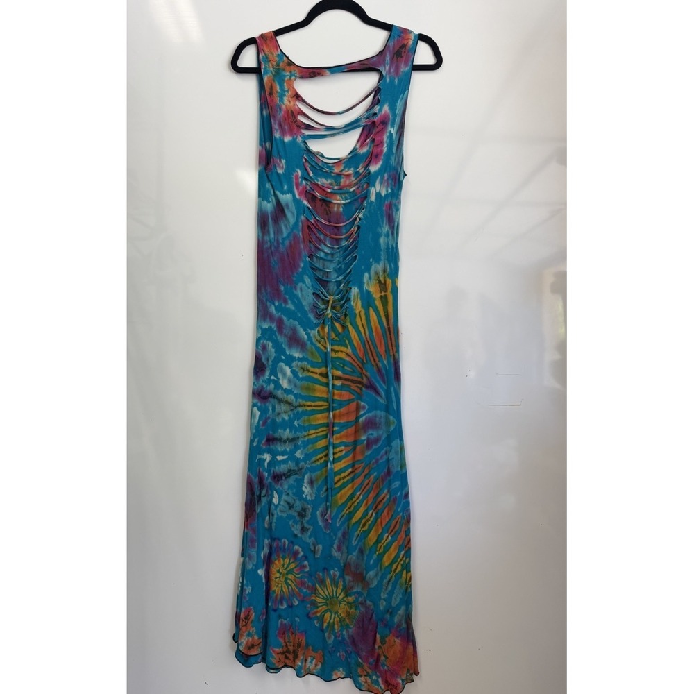 Vibrant Turquoise Multi-Color Hand-Dyed Sleeveless A-Line Sundress - Picture 3 of 8